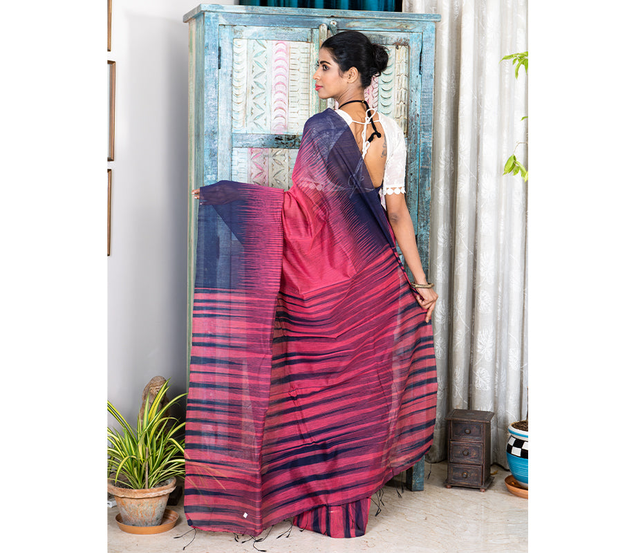 Handloom Ikkat Saree - Navy Blue on Mauve