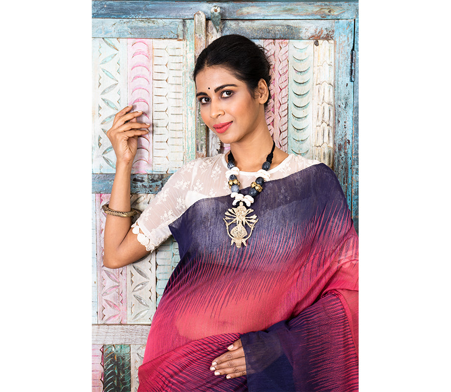 Handloom Ikkat Saree - Navy Blue on Mauve