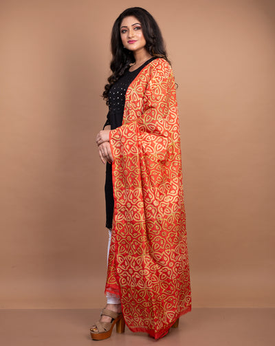Kantha Stitched Dupatta on Silk Print Base - Red and Yellow