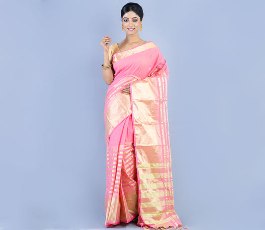Handloom Tant Saree - Golden Zari on Pink - ArtisanSoul