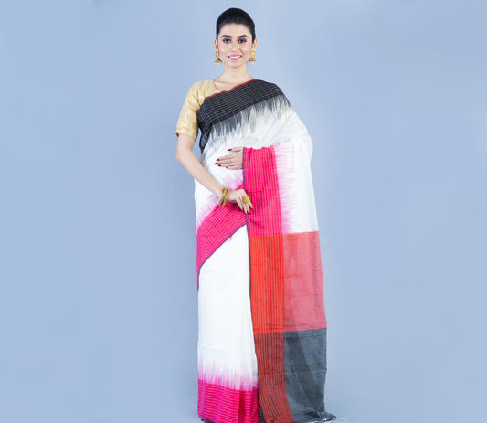 Handloom Saree With Ganga Jamuna Par - Pink & Black on White - ArtisanSoul