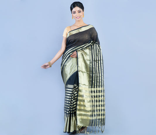 Handloom Tant Saree - Silver Zari on Black - ArtisanSoul