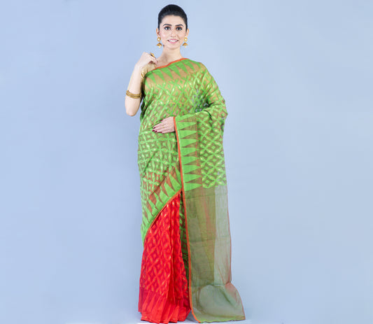 Minakari Handloom Jamdani Saree - Green & Red - ArtisanSoul