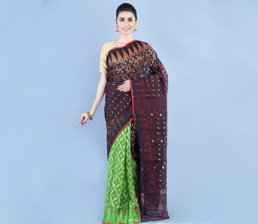 Handloom Jamdani Saree - Brown and Green - ArtisanSoul