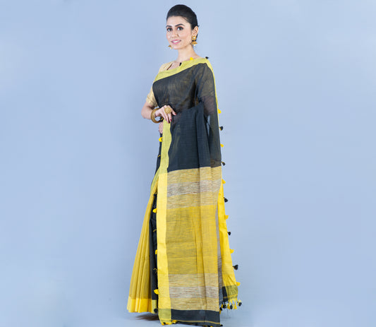 Handloom Patli Pallu Saree with Gheecha Design Anchal - Black & Yellow - ArtisanSoul