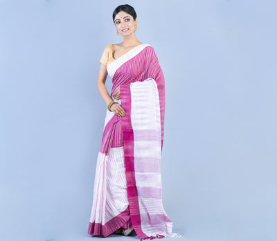 Handloom Cotton Saree - Purple & White