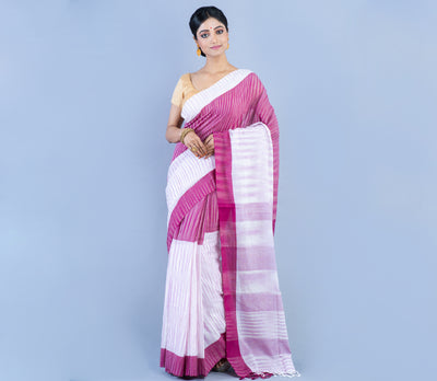 Handloom Cotton Saree - Purple & White