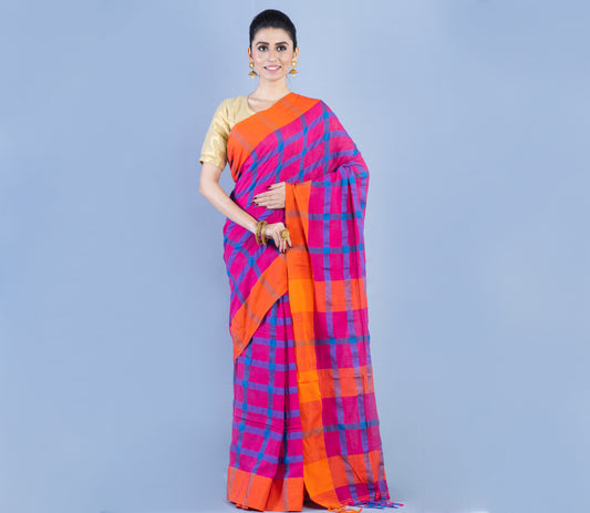 Handloom Cotton Checkered Saree - Orange & Blue On Pink