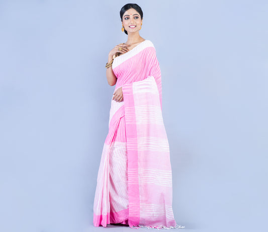 Handloom Cotton Saree - White & Pink