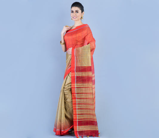 Handloom Silk Saree - Light Brown & Red - ArtisanSoul
