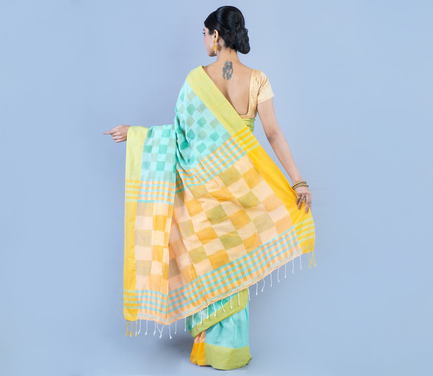 Handloom Cotton Saree With Jaba Kaj - Cyan Green & Yellow