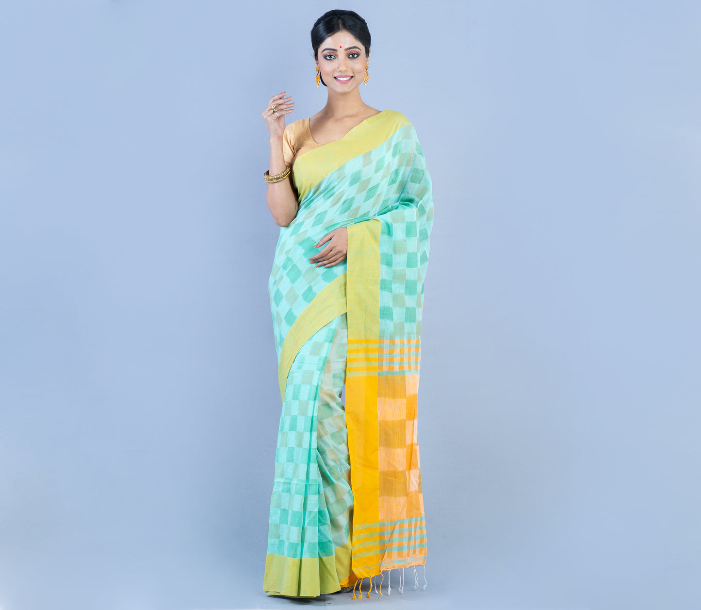 Handloom Cotton Saree With Jaba Kaj - Cyan Green & Yellow