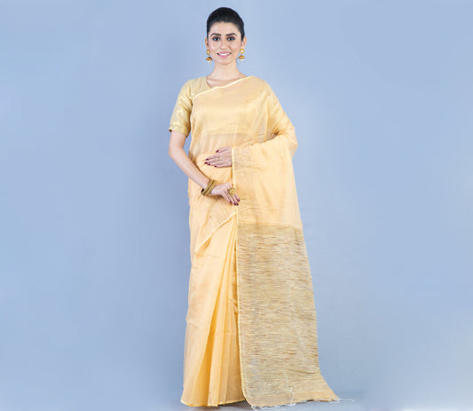 Handloom Saree With Gheecha Design On Anchal - Peach