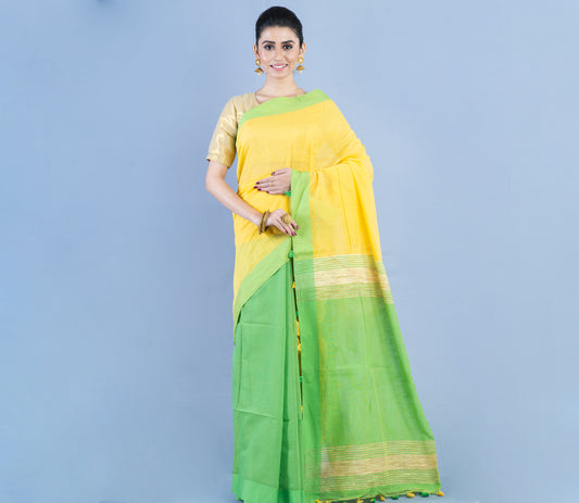 Handloom Patli Pallu Saree with Gheecha Design Anchal - Yellow & Green - ArtisanSoul