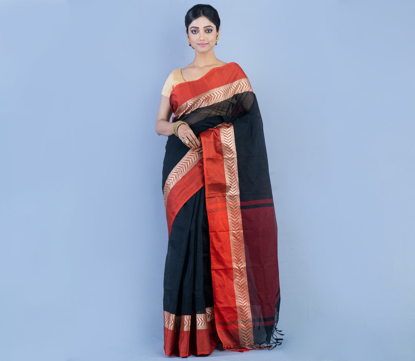 Tant Saree - Black with Red Par