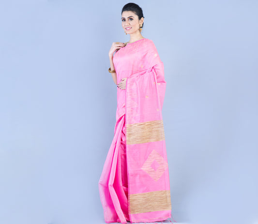 Handloom Saree With Gheecha Design Anchal - Pink