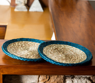 Big Coaster of Sabai grass for Planters - Blue and Natural (Set of Two Coasters)