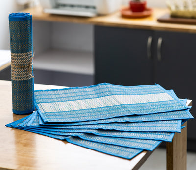 Madur Kathi Handcrafted Table Mat With Runner - Blue & White