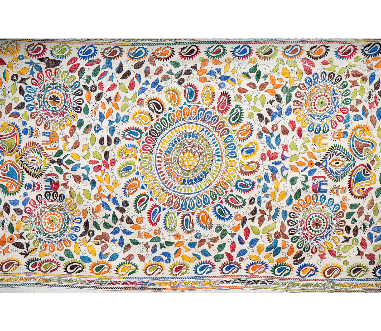 Kantha Stitched Dupatta on Tussar Base - Orange and Blue