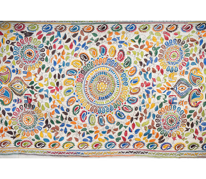 Kantha Stitched Dupatta on Tussar Base - Orange and Blue