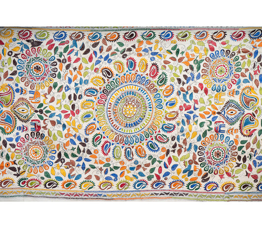 Kantha Stitched Dupatta on Tussar Base - Orange and Blue