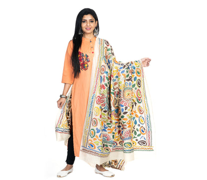 Kantha Stitched Dupatta on Tussar Base - Orange and Blue