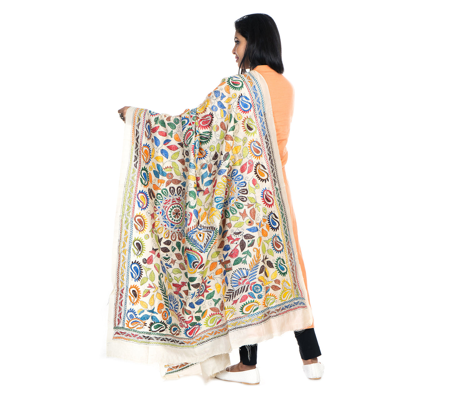 Kantha Stitched Dupatta on Tussar Base - Orange and Blue