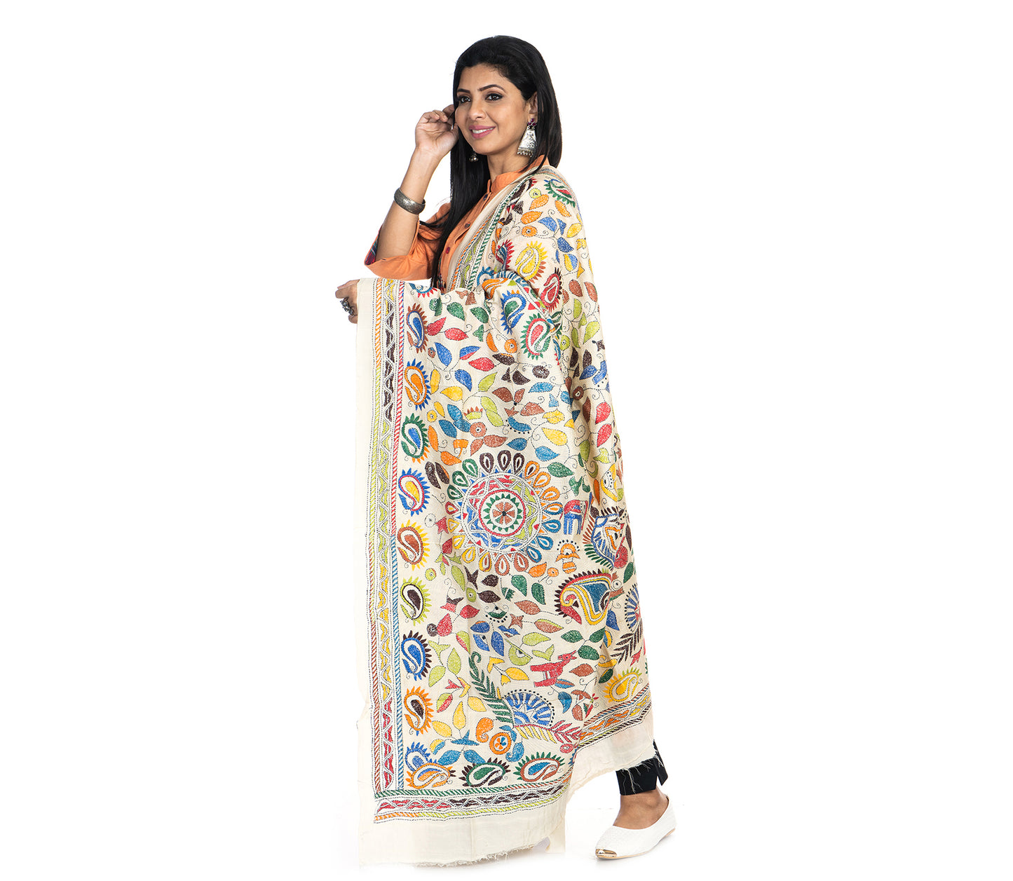 Kantha Stitched Dupatta on Tussar Base - Orange and Blue