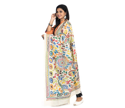 Kantha Stitched Dupatta on Tussar Base - Orange and Blue