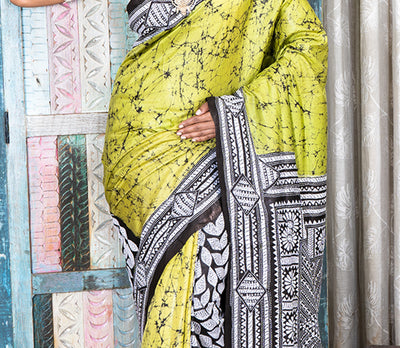 Kantha Stitch Work on Batik Printed Saree - Olive