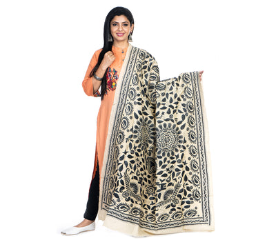 Kantha Stitched Dupatta on Tussar Base - Black Mandala