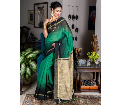 Handloom Ikkat Saree with Gheecha Anchal - Green - ArtisanSoul