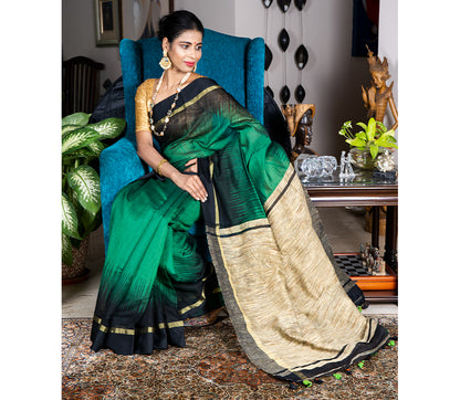 Handloom Ikkat Saree with Gheecha Anchal - Green - ArtisanSoul