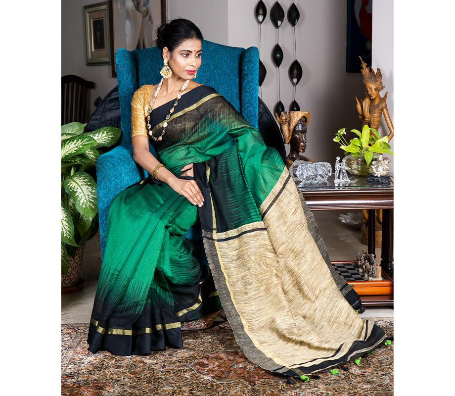 Handloom Ikkat Saree with Gheecha Anchal - Green - ArtisanSoul