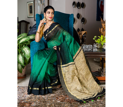 Handloom Ikkat Saree with Gheecha Anchal - Green - ArtisanSoul