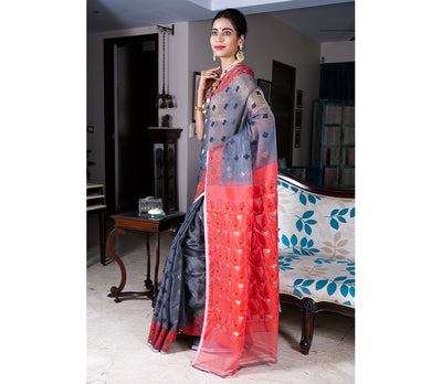 Handloom Jamdani Sub Dhakai Saree - Grey & Red