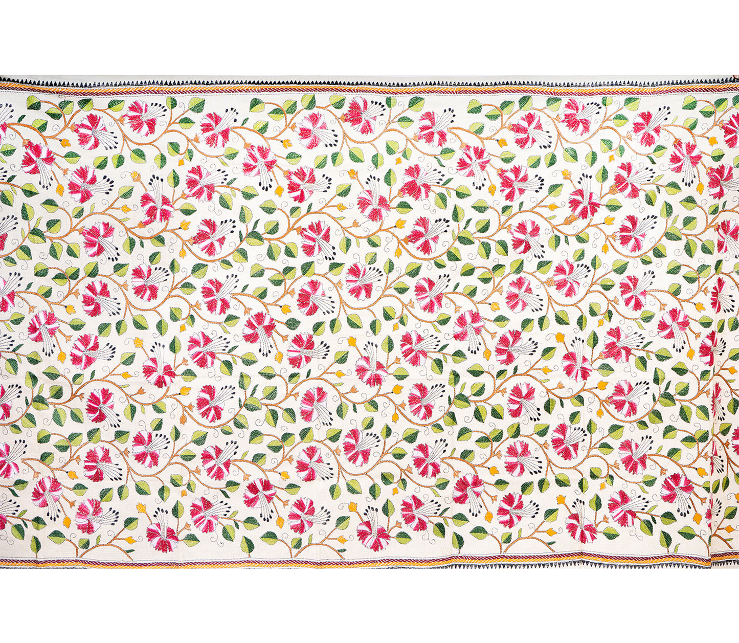 Kantha Stitched Dupatta on Tussar Base - Pink Flowers