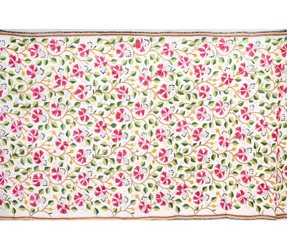 Kantha Stitched Dupatta on Tussar Base - Pink Flowers