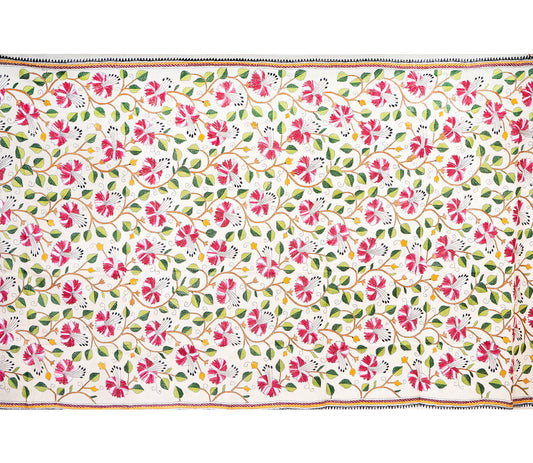 Kantha Stitched Dupatta on Tussar Base - Pink Flowers