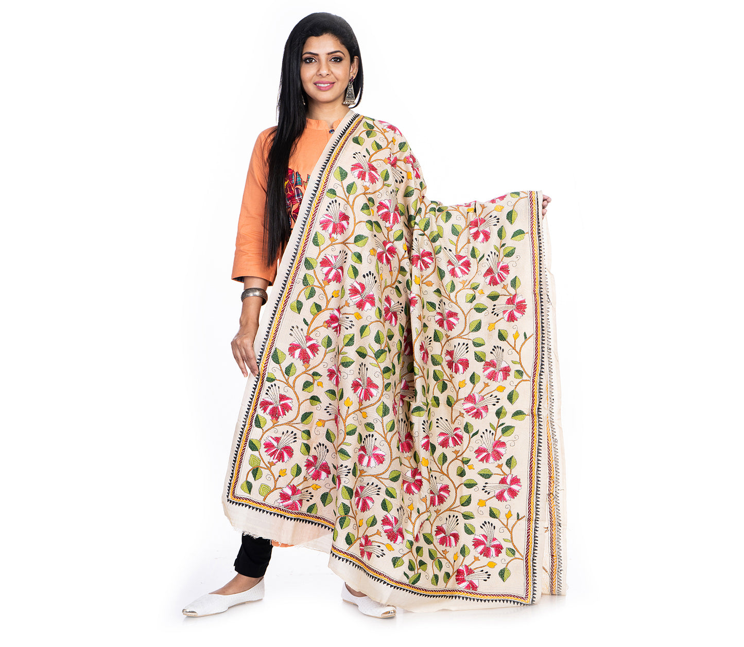 Kantha Stitched Dupatta on Tussar Base - Pink Flowers