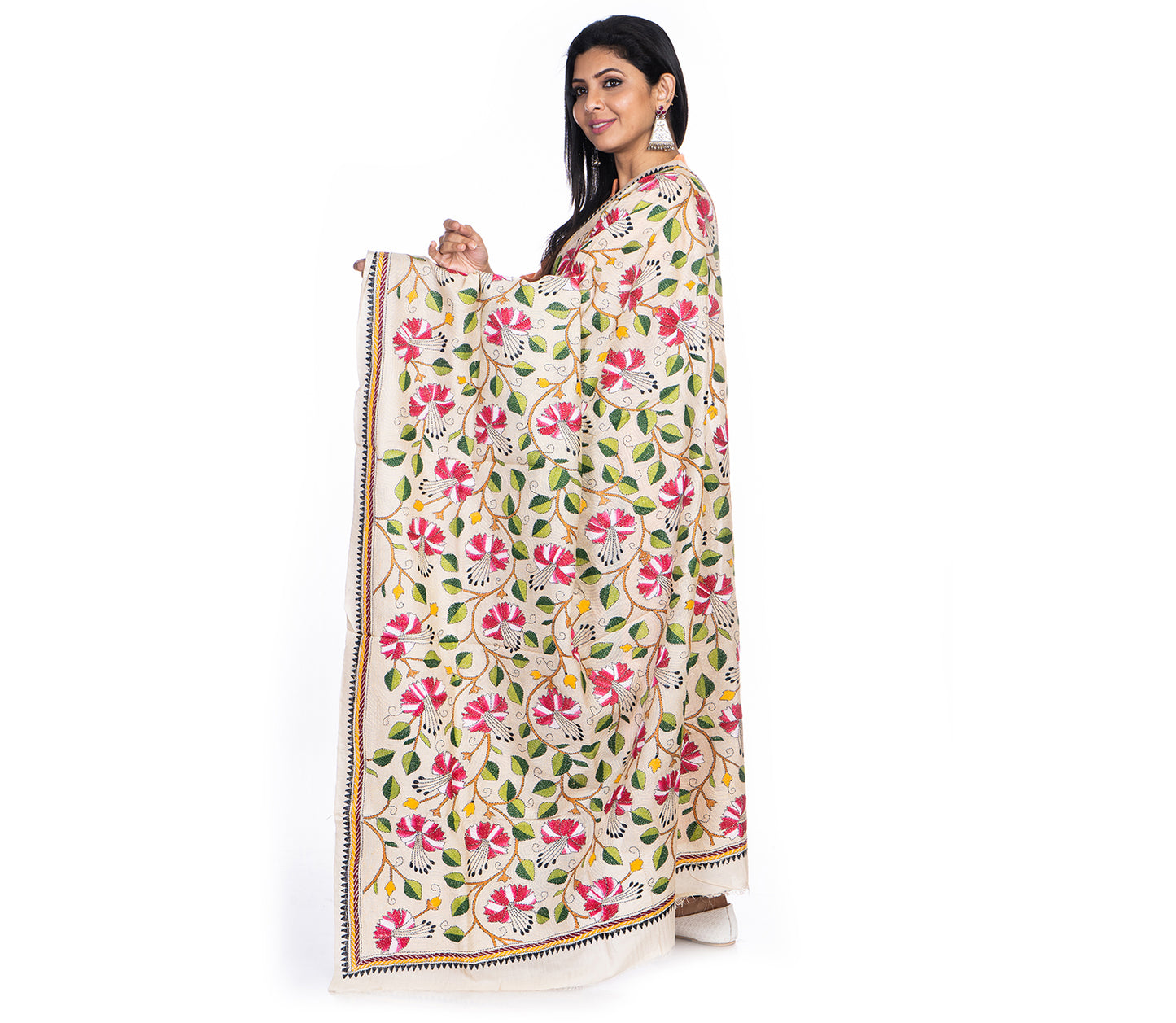 Kantha Stitched Dupatta on Tussar Base - Pink Flowers