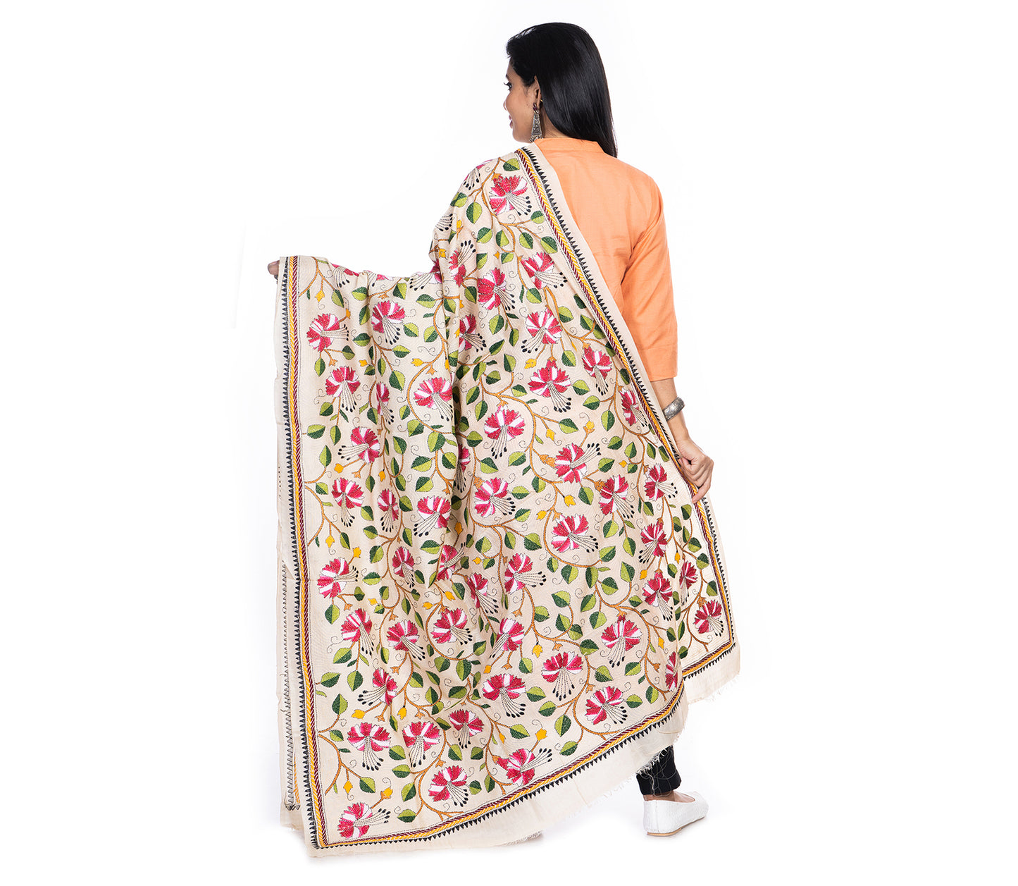 Kantha Stitched Dupatta on Tussar Base - Pink Flowers