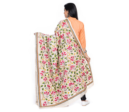 Kantha Stitched Dupatta on Tussar Base - Pink Flowers