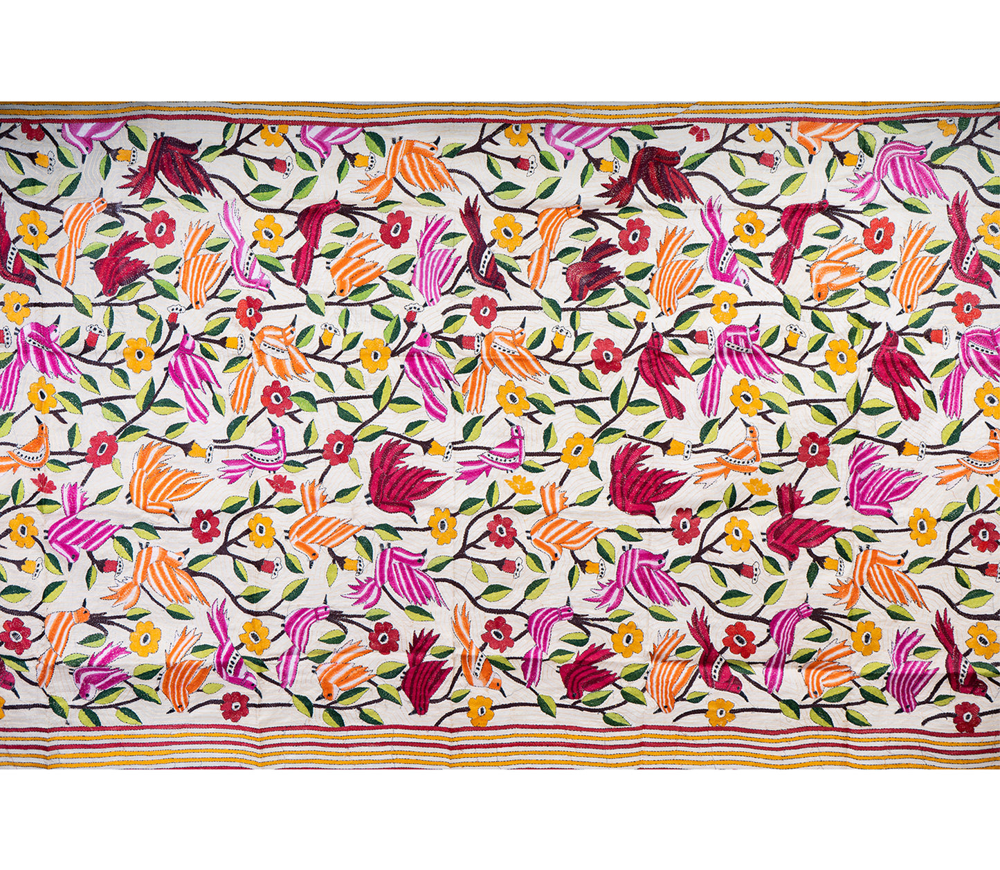 Kantha Stitched Dupatta on Tussar Base - Red Birds