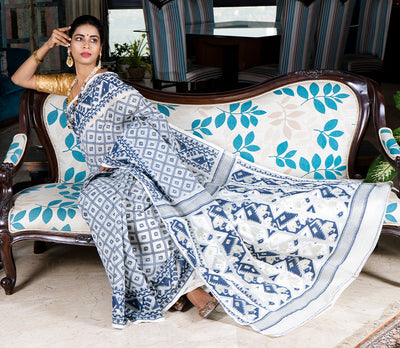 Handloom Jamdani Sub-Dhakai Saree - Navy Blue on White