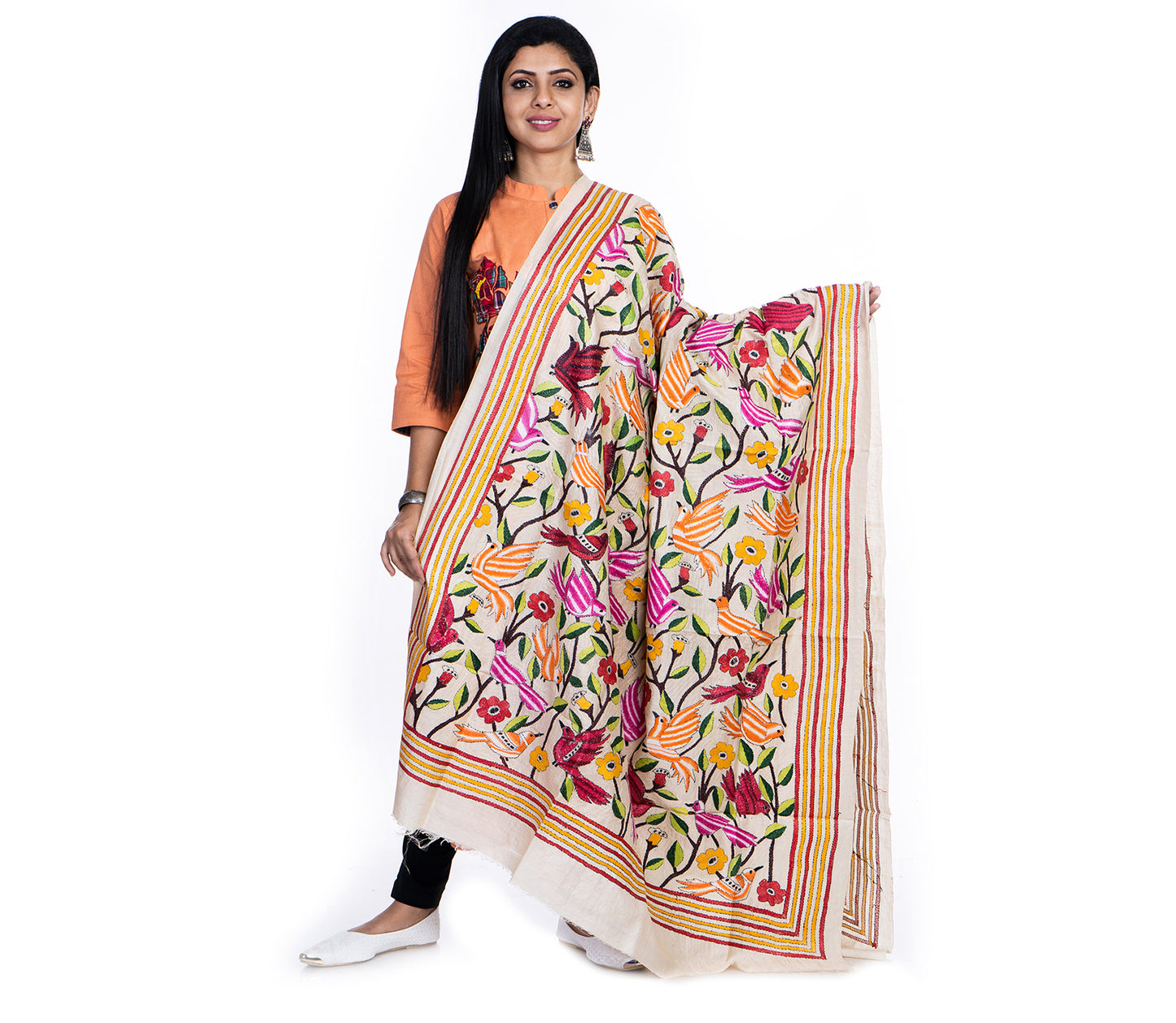 Kantha Stitched Dupatta on Tussar Base - Red Birds