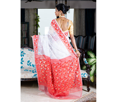 Handloom Jamdani Sub-Dhakai Saree - White & Red