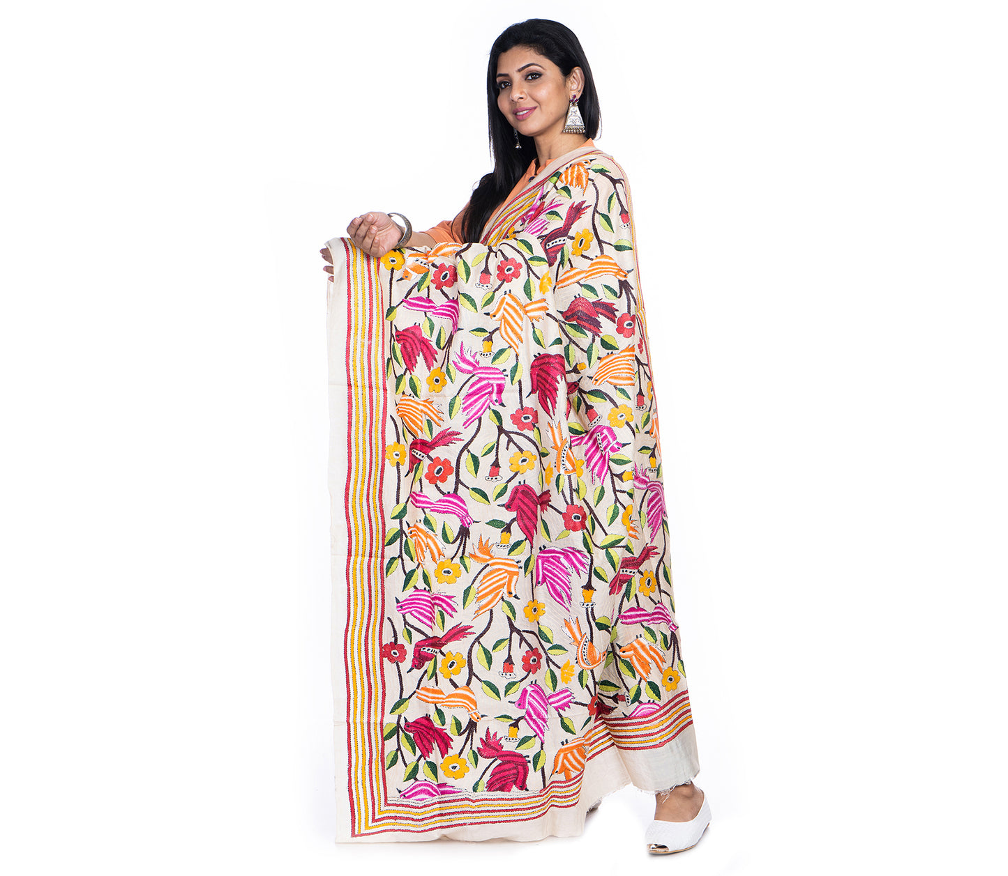 Kantha Stitched Dupatta on Tussar Base - Red Birds