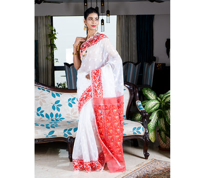 Handloom Jamdani Sub-Dhakai Saree - White & Red