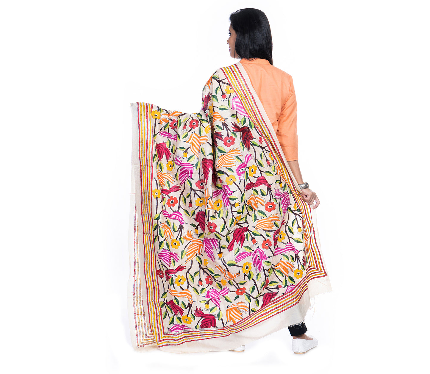 Kantha Stitched Dupatta on Tussar Base - Red Birds
